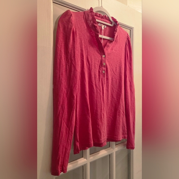 Sundry By "Anthropologie" Fuchsia Puff Long Sleeve Ruffle Henley Top - Picture 5 of 7